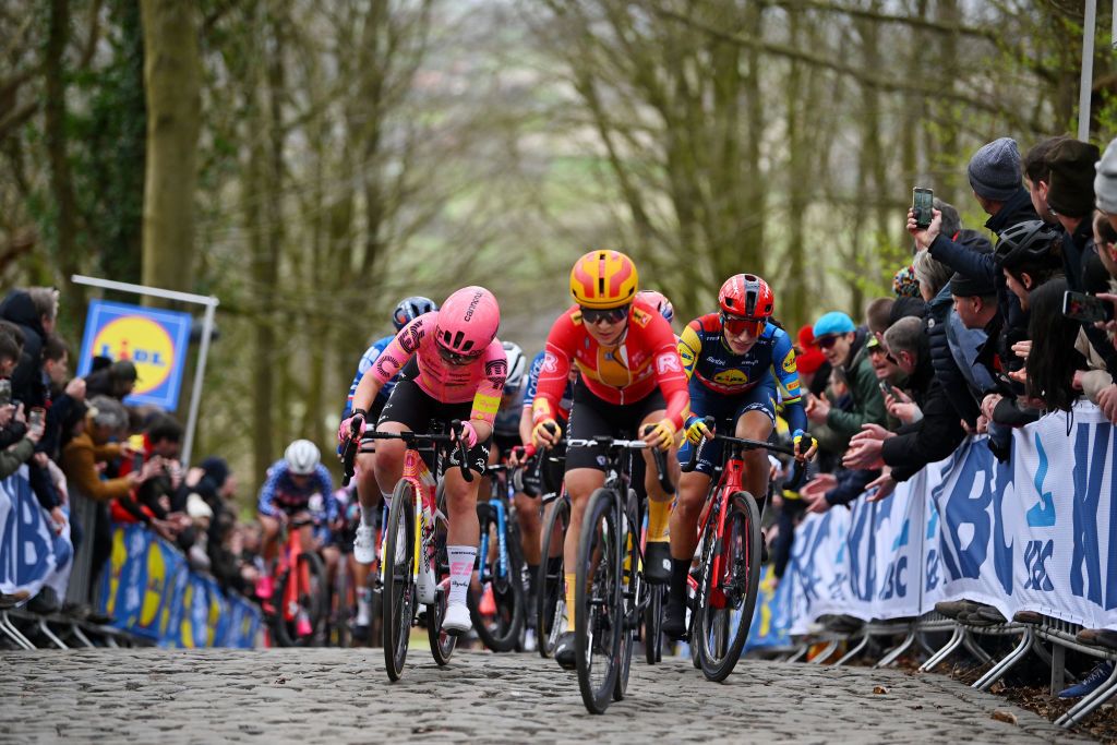 WEVELGEM BELGIUM MARCH 24 LR Noemi Ruegg of Switzerland and Team EF EducationCannondale and Elisa Balsamo of Italy and Team LidlTrek compete during the 13rd GentWevelgem in Flanders Fields 2024 Womens Elite a 1712km one day race from Ieper to Wevelgem UCIWWT on March 24 2024 in Wevelgem Belgium Photo by Luc ClaessenGetty Images