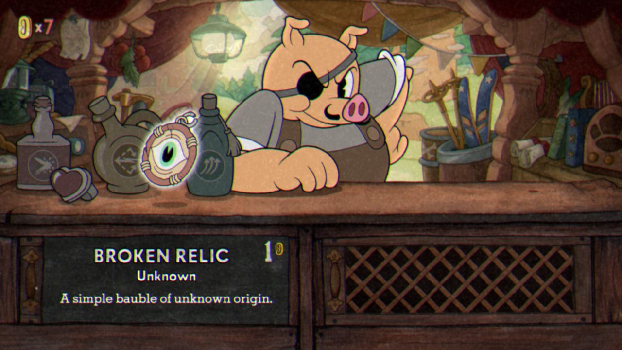 Cuphead Broken Relic in Porkrind's shop