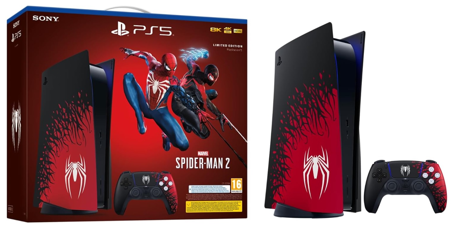 En PS5 Marvel Spider-Man 2-utgåva visas upp mot en vit bakgrund.