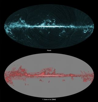 This all-sky image shows the distribution of carbon monoxide (CO), a molecule used by astronomers to trace molecular clouds across the sky, as seen by Planck (blue). A compilation of previous surveys (Dame et al. (2001)), which left large areas of the sky unobserved, is shown for comparison (red).