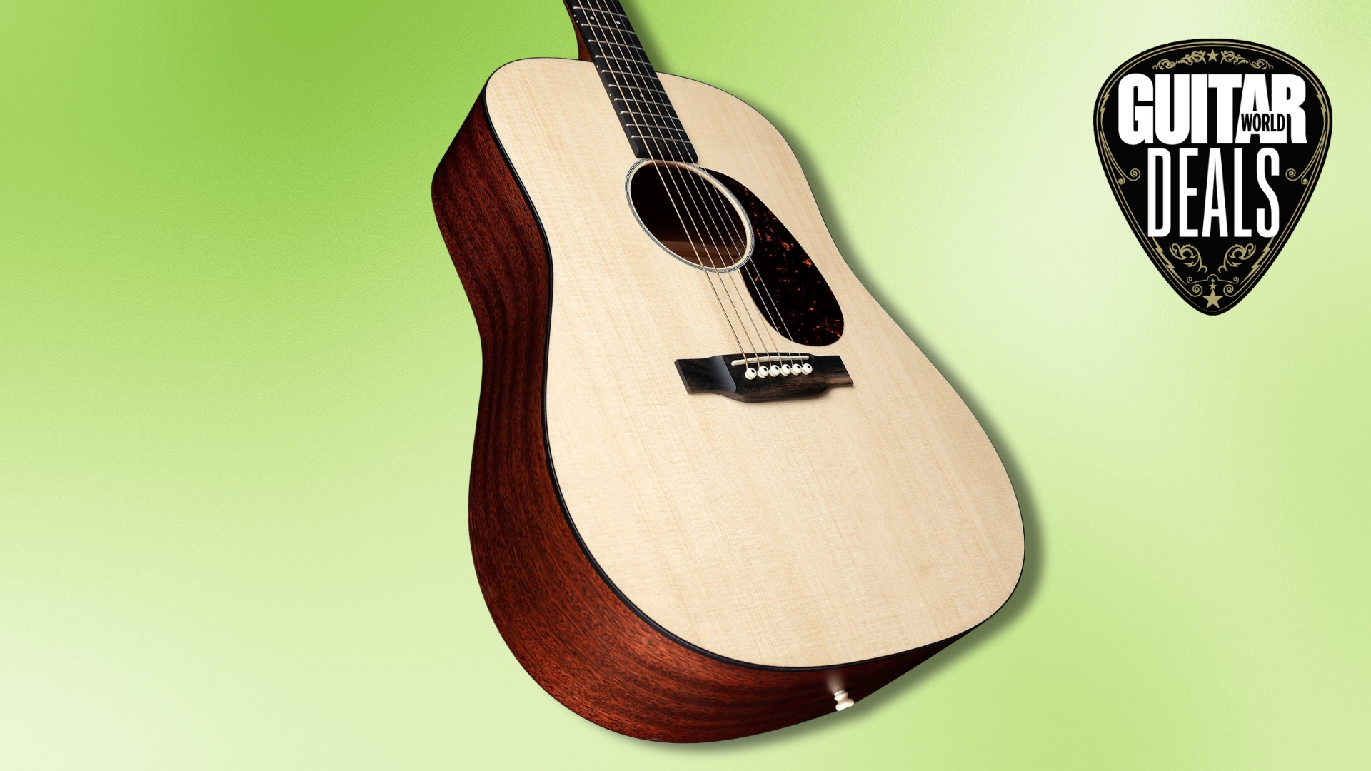 A Martin acoustic guitar on a light green background