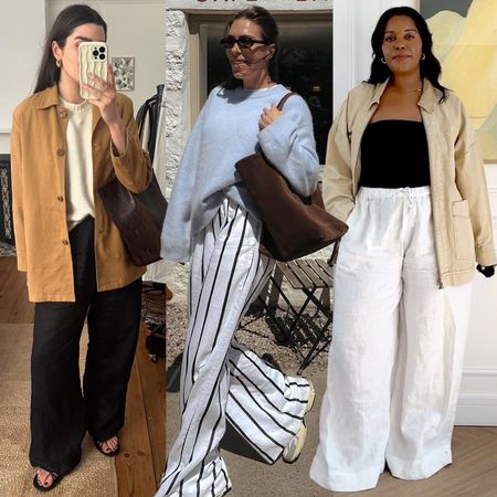 fashion collage of three influencers wearing chic transitional fall outfits with linen pants, jackets, and sweaters