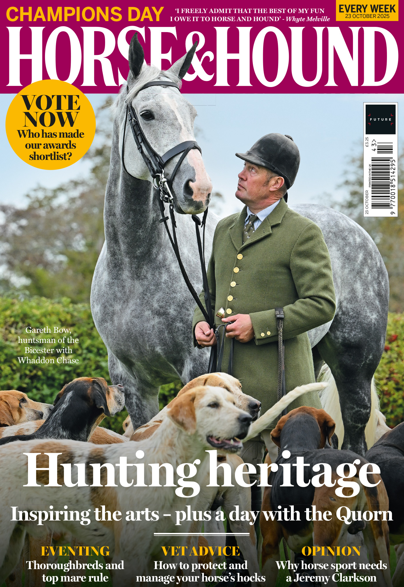 Cover of Horse &amp; Hound Magazine hunting special, featuring a man holding a grey hunter with hounds in the foreground