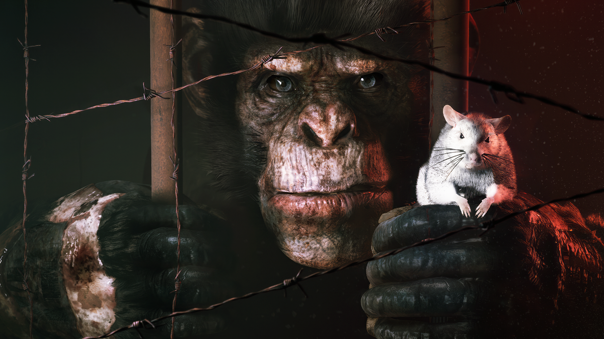 Uplifted chimp Penn and cyber-rat Trip in the key art for Animal Use Protocol