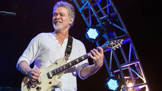 Guitarist Eddie Van Halen of Van Halen performs on stage at Sleep Train Amphitheatre on September 30, 2015 in Chula Vista, California.