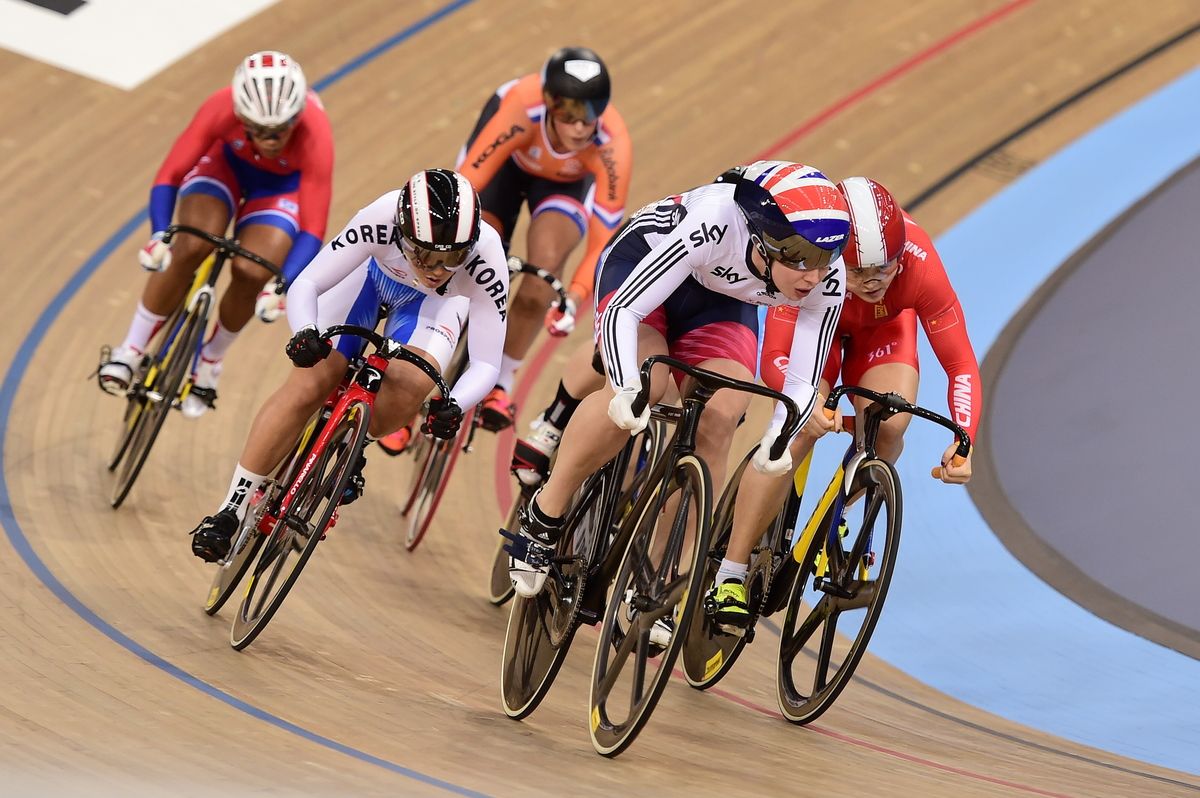 Rebecca James (Great Britain) leads out the keirin heat