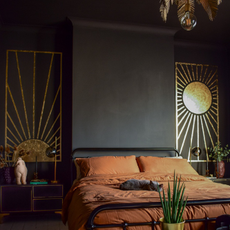 bedroom with black wall and side table