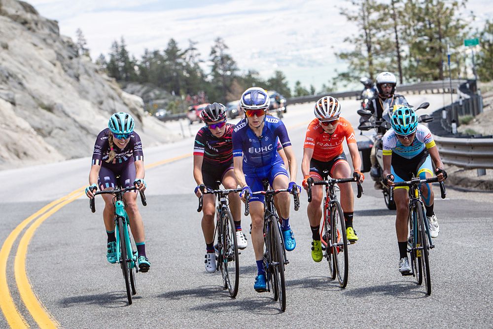 Katie Hall (UnitedHealthcare) leads the lead group over the top of the climb during stage 2 of the Amgen Tour of California Women's Race