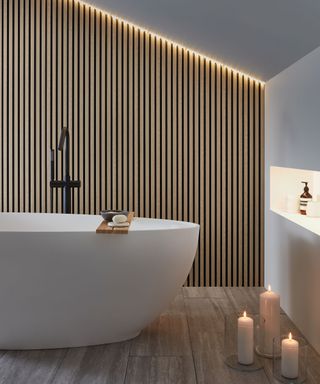 Modern bathroom with wood panels