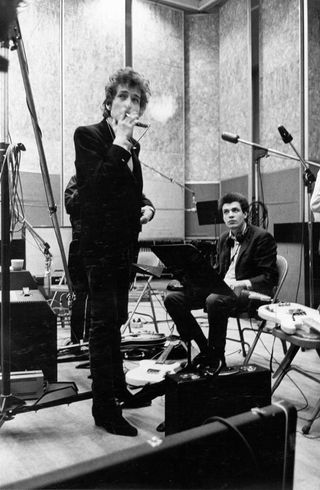 Bob Dylan in the studio with Mike Bloomfield, 1965