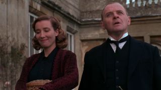 Emma Thompson on the left stajnding next to Anthony Hopkins in The Remains of the Day