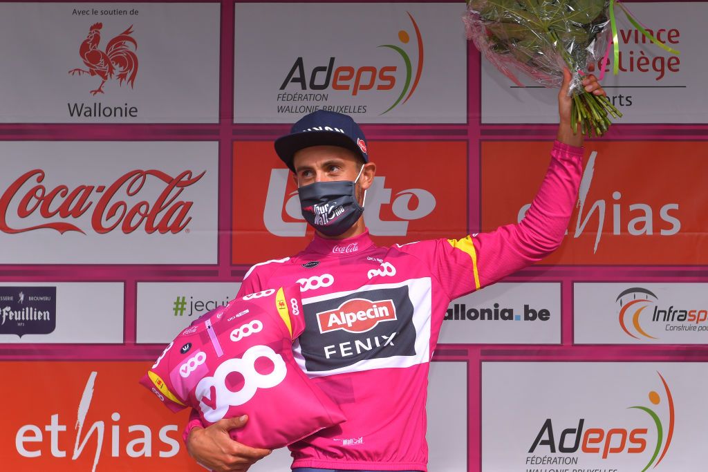 EREZEE BELGIUM AUGUST 19 Podium Dries De Bondt of Belgium and Team AlpecinFenix Pink Sprints Jersey Celebration during the 41st Tour de Wallonie 2020 Stage 4 a 1994km stage from Blegny to Ereze 334m TourdeWallonie TRW2020 on August 19 2020 in Erezee Belgium Photo by Luc ClaessenGetty Images