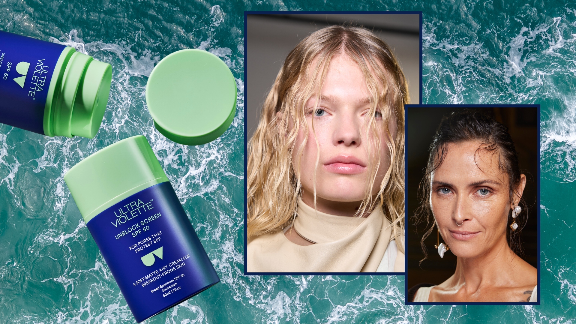 ocean water with new ultra violette spf and two women wearing sunscreen 