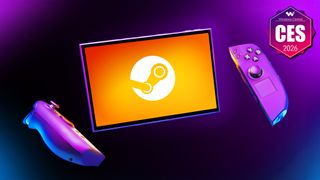 Legion Go 2 (SteamOS) glowing yellow screen with floating detached controllers. A graphic in the top right says "Windows Central CES 2026."