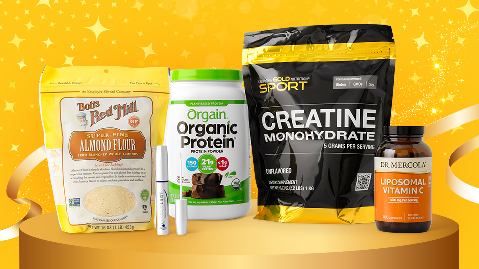 Image of iHerb supplements on yellow background with stars