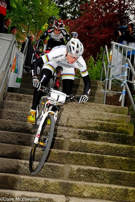 World Champion Alexandra Engen (Ghost Factory) descending steps at the Cross-Country Eliminator event in Nove Mesto na Morave, Czech Republic