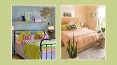 two pink boho bedrooms with purple and pink accents on a lime-colored background