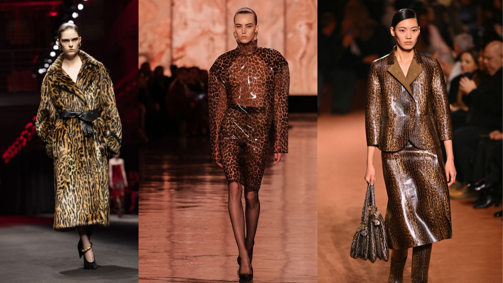 3 models of the catwalk wearing leopard print