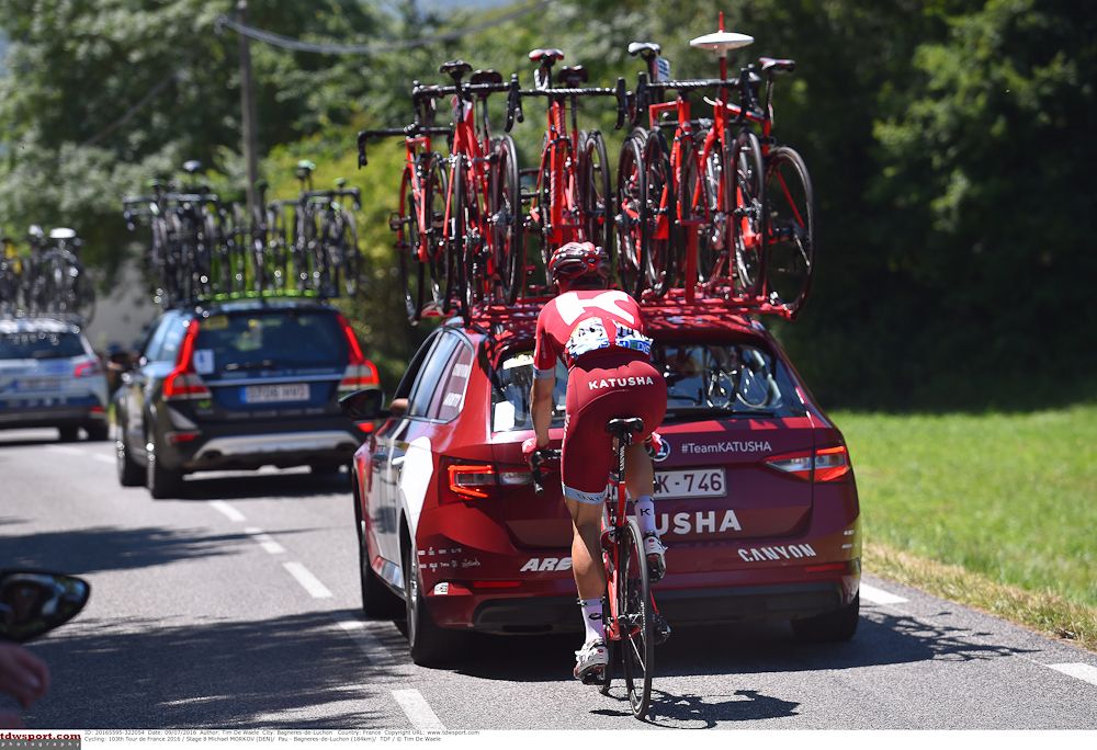 Michael Morkov follows the team car during stage 8 of the Tour de France. Morkov would later abandon, the first rider to quit the 2016 Tour de France