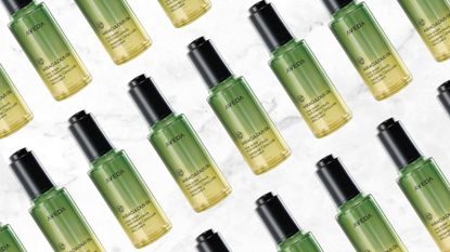 A collage featuring a product shot of the Aveda Miraculous Oil High-Shine Hair Concentrate repeated in a diagonal line pattern, on a grey and white marbled template