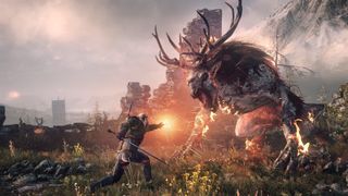 Geralt slåss mot ett monster The Witcher 3: Wild Hunt