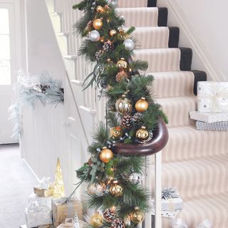 Christmas garland on stairs.