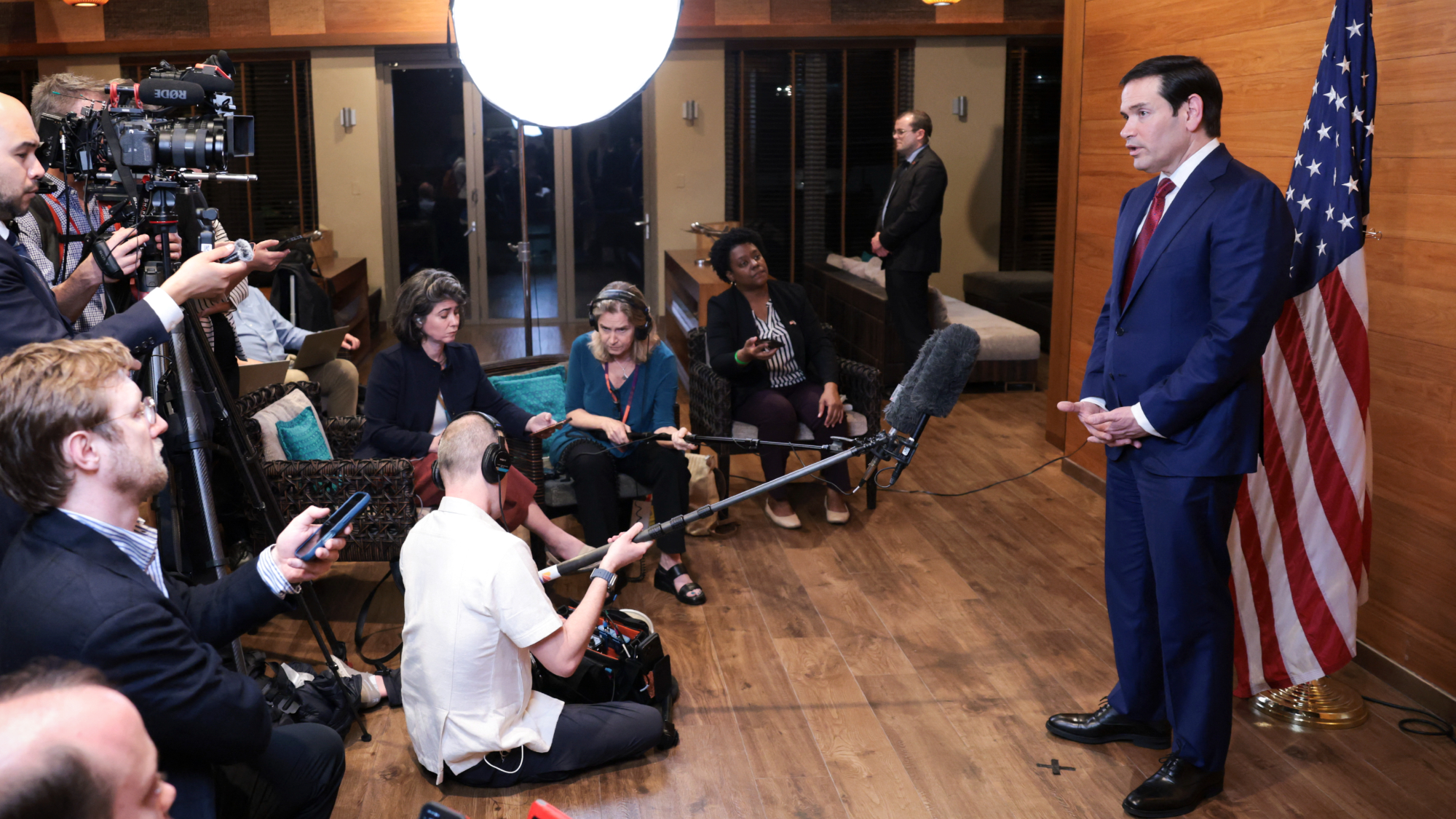 Secretary of State Marco Rubio talks to reporters in St. Kitts about Cuba.