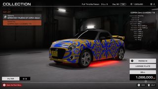 Customising a yellow car with blue decorations in Tokyo Xtreme Racer