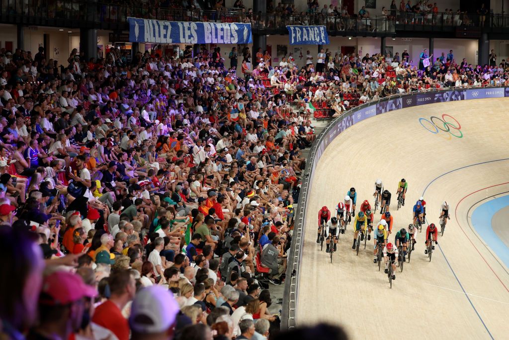 PARIS FRANCE AUGUST 11 LR Gold medalist Jennifer Valente of Team United States Maggie ColesLyster of Team Canada Georgia Baker of Team Australia Lotte Kopecky of Team Belgium Valentine Fortin of Team France Aline Seitz of Team Switzerland Lara Gillespie of Team Ireland and Yumi Kajihara of Team Japan compete during the Womens Omnium Points Race 44 on day sixteen of the Olympic Games Paris 2024 at SaintQuentinenYvelines Velodrome on August 11 2024 in Paris France Photo by Tim de WaeleGetty Images
