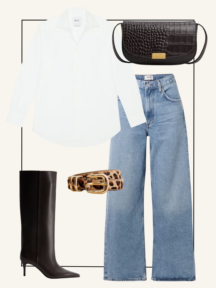With Nothing Underneath white shirt, Agolde blue jeans, H&M knee-high boots, Tommy Hilfiger brown croc bag, Sezane leopard belt