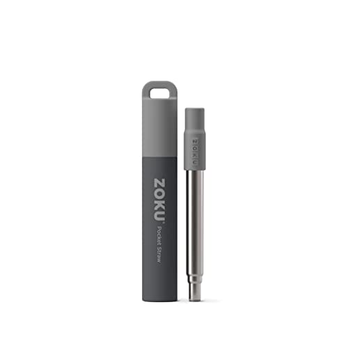 Zoku Reusable Metal Straw With Case for Travel, Grey - Collapsible Stainless Steel Drinking Straw With Silicone Tip and Cleaner Brush, Ideal for Key Chains, Pockets, Purses