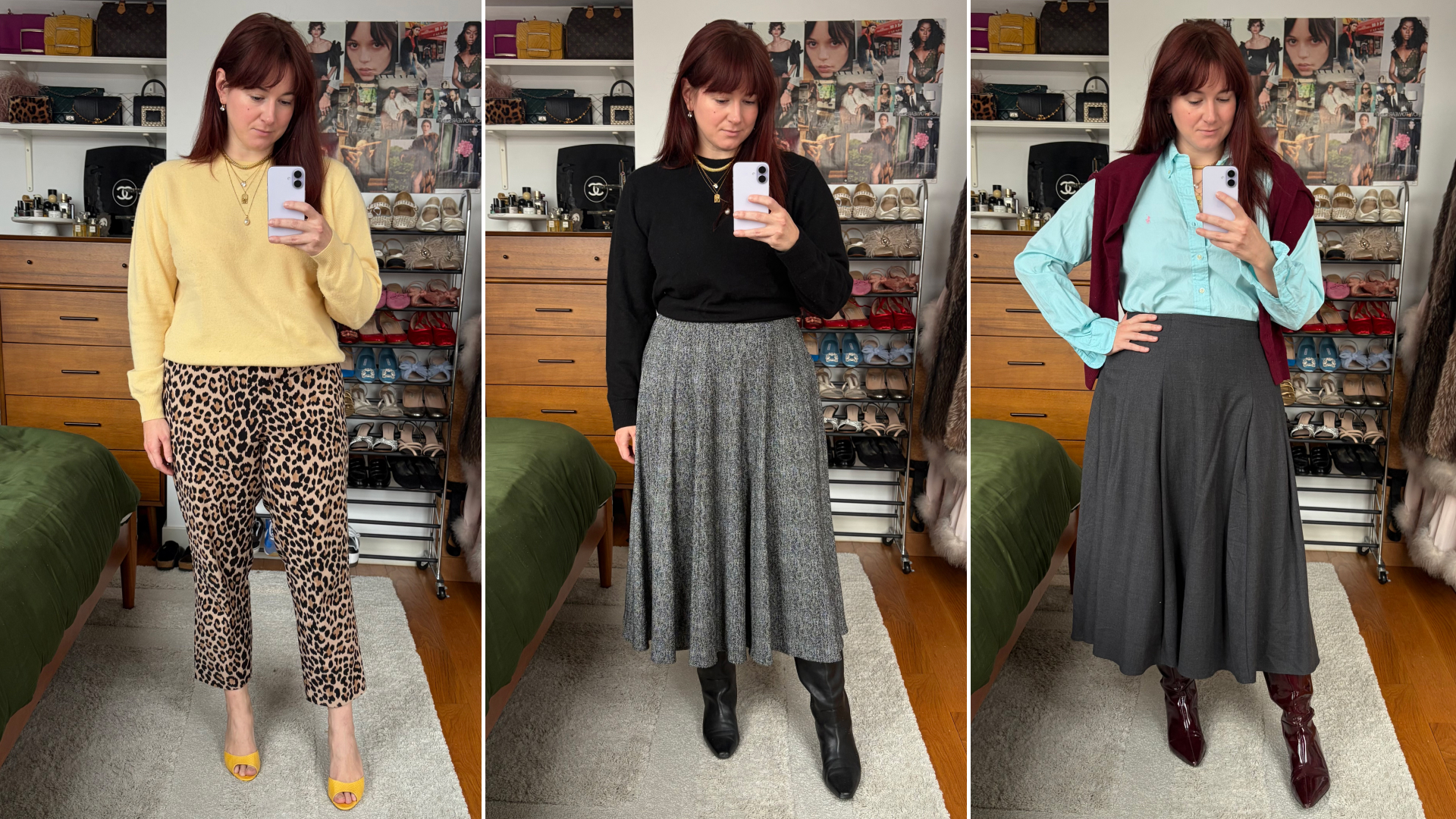 a collage of Tyler McCall wearing a J.Crew men's cashmere crewneck sweater in different outfits