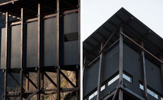 Two side-by-side close up photos of a black structure with a wooden frame