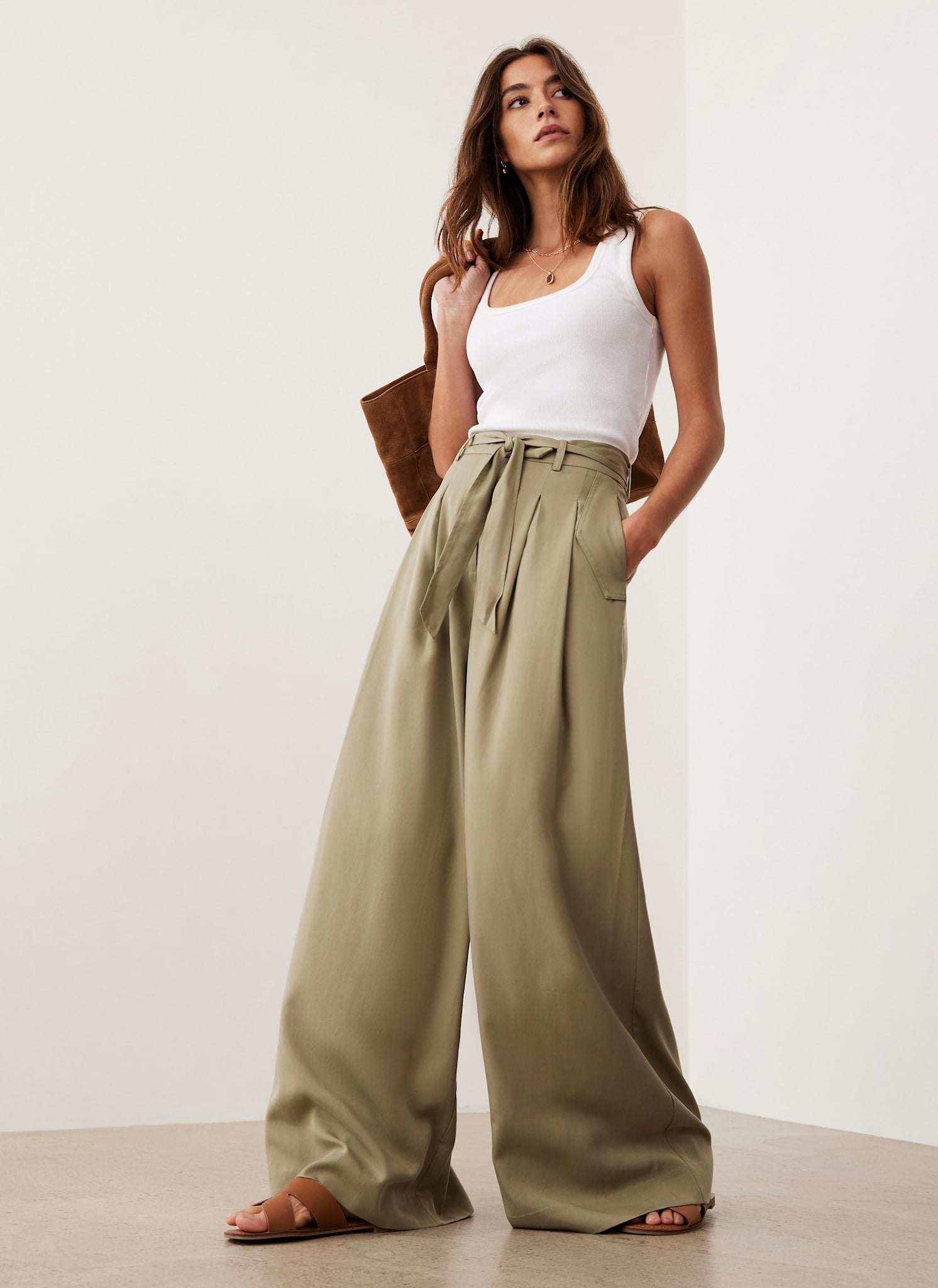 Khaki Belted Wide Leg Trousers