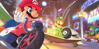 Mario and Luigi race in Mario Kart.