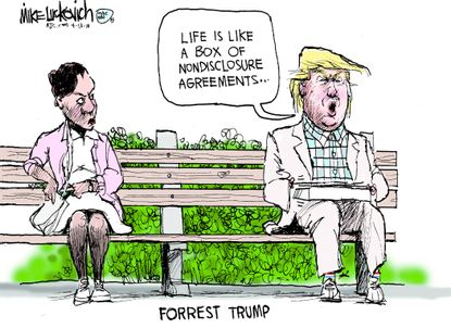 Political cartoon U.S. Trump Forrest Gump non disclosure agreements