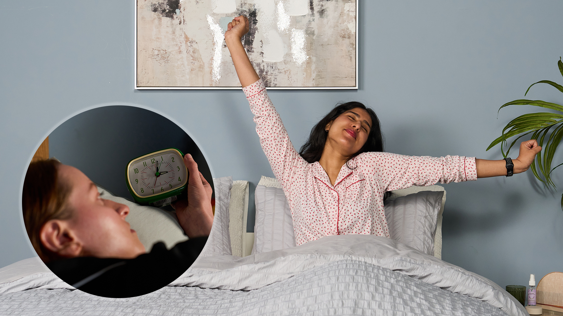 In the main image, a woman wakes up and stretches her arms above her head, looking refreshed. In the bottom left is an ident showing a woman checking an alarm clock in the middle of the night