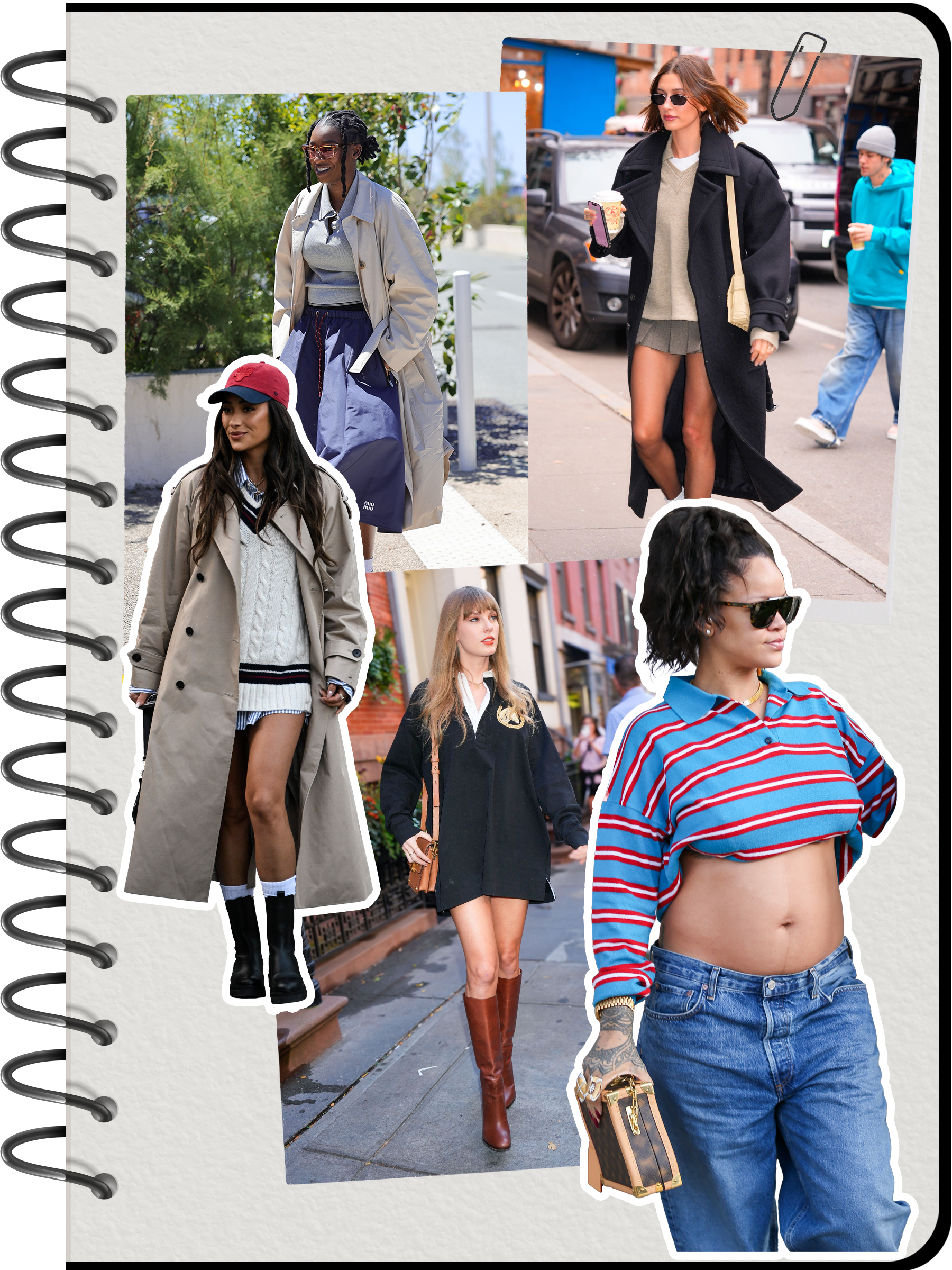 An image of preppy fashion on celebrities, including Rihanna, Taylor Swift and Hailey Bieber.