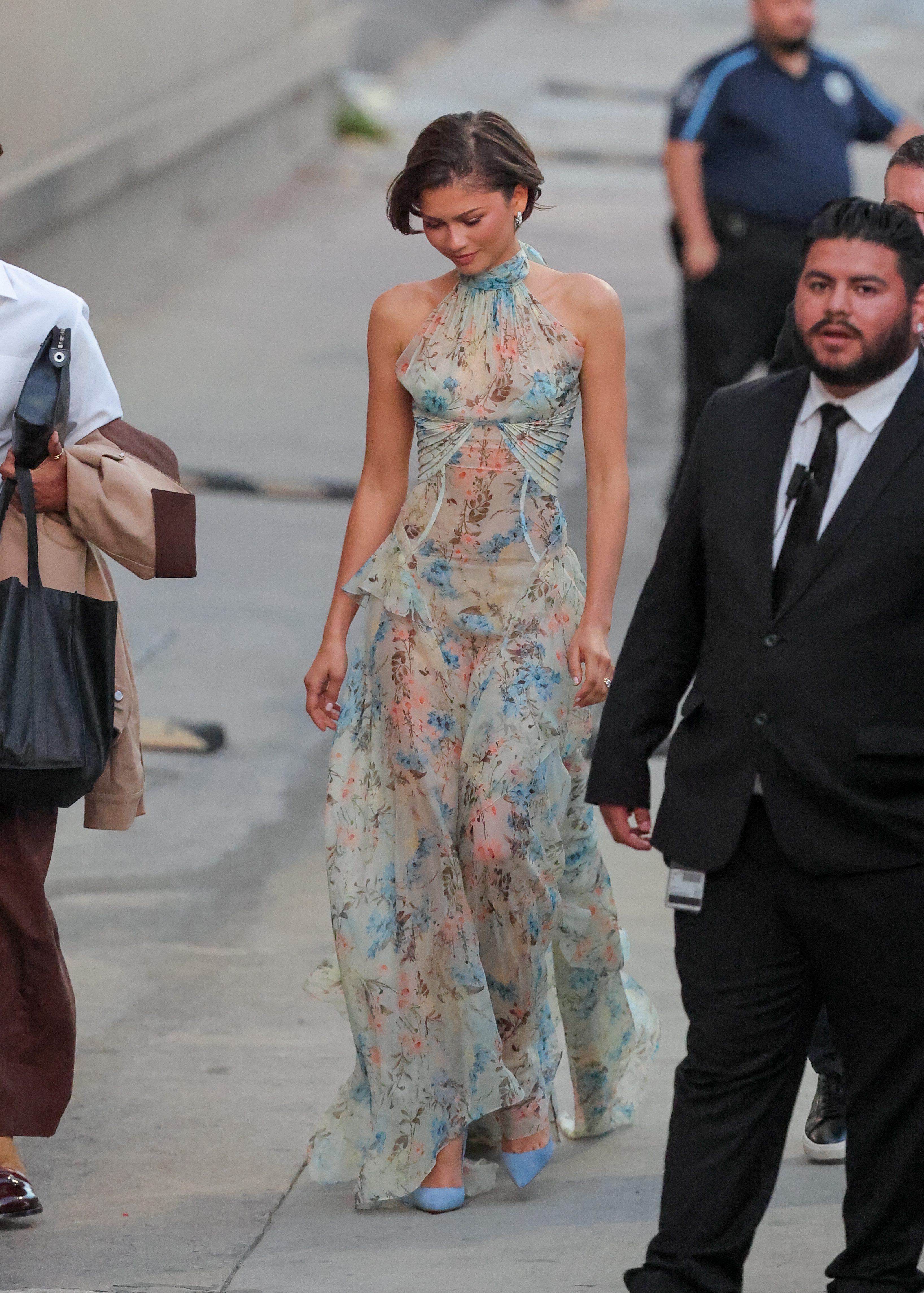 Zendaya at Jimmy Kimmel Live! in a floral McQueen Fall 2026 gown