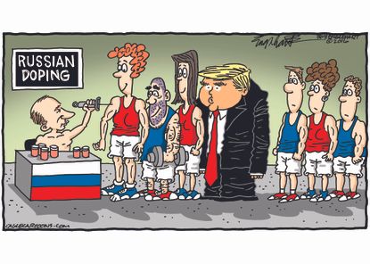 Political cartoon U.S. Putin Russian doping Trump