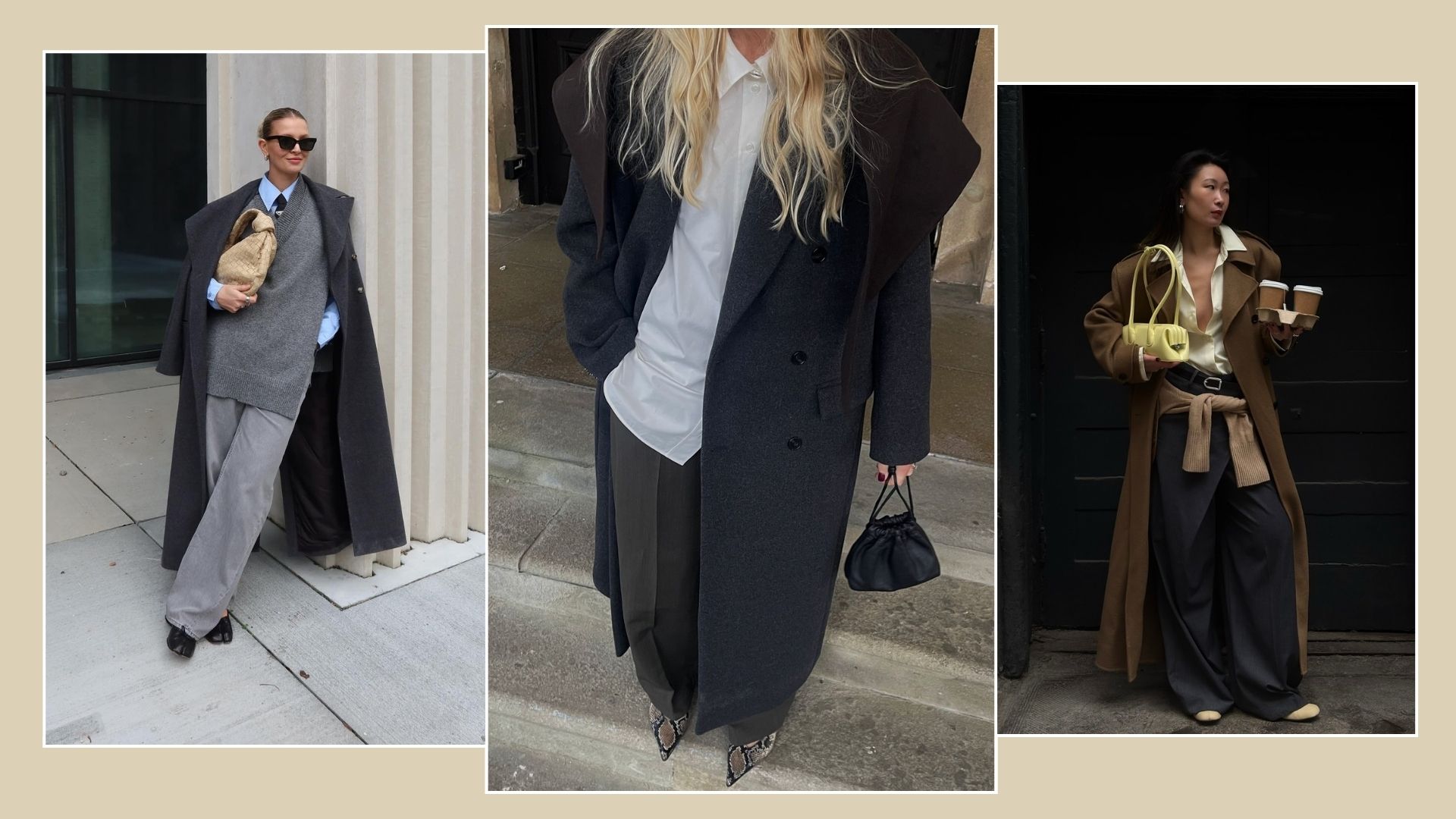 Woman wears grey sweater and jeans and grey wool coat; woman wears black coat, white shirt and tailored trousers; woman wears yellow shirt tailored trousers and camel wool coat