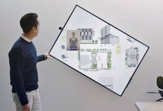 Surface Hub 2 easily shifts between portait and landscape thanks to a new circular hinge.