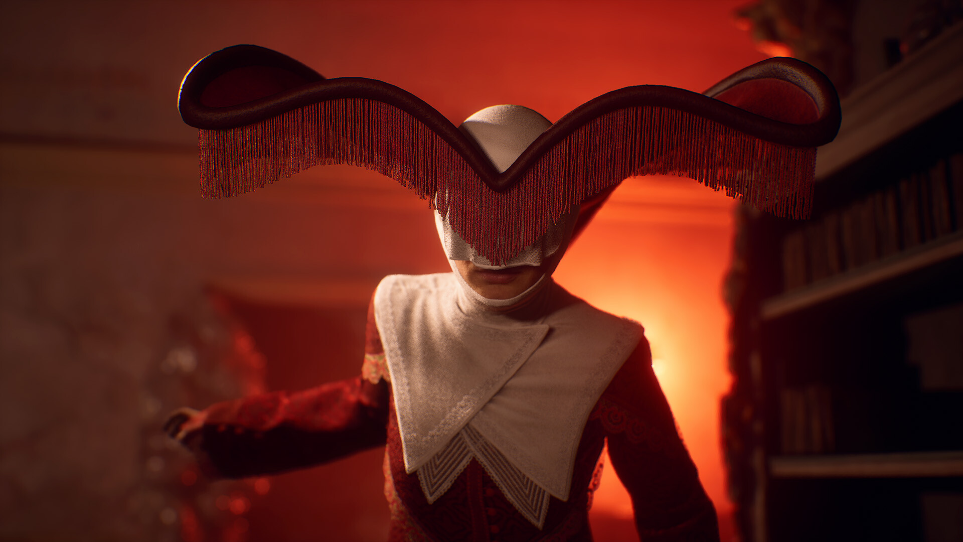 A nun wearing a red hat and outfit during the upcoming horror game, Remothered: Red Nun's Legacy.