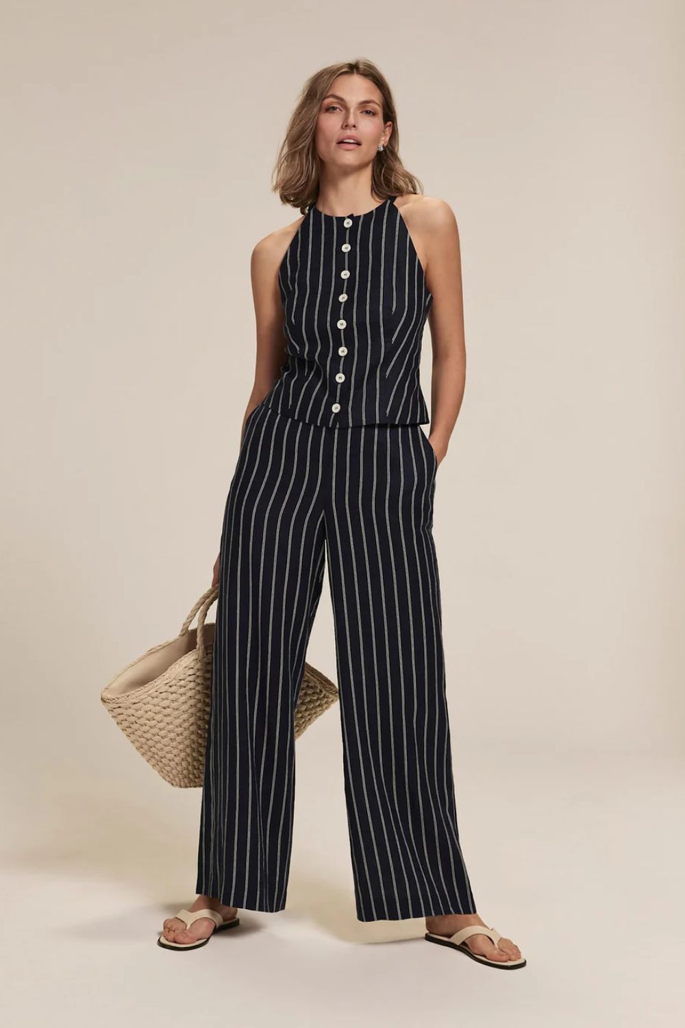Navy Linen Striped Wide Trousers