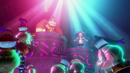 Donkey Kong Bananza DK and Pauline ready to sing in front of snake crowd