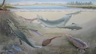 An illustration of Late Devonian animals.