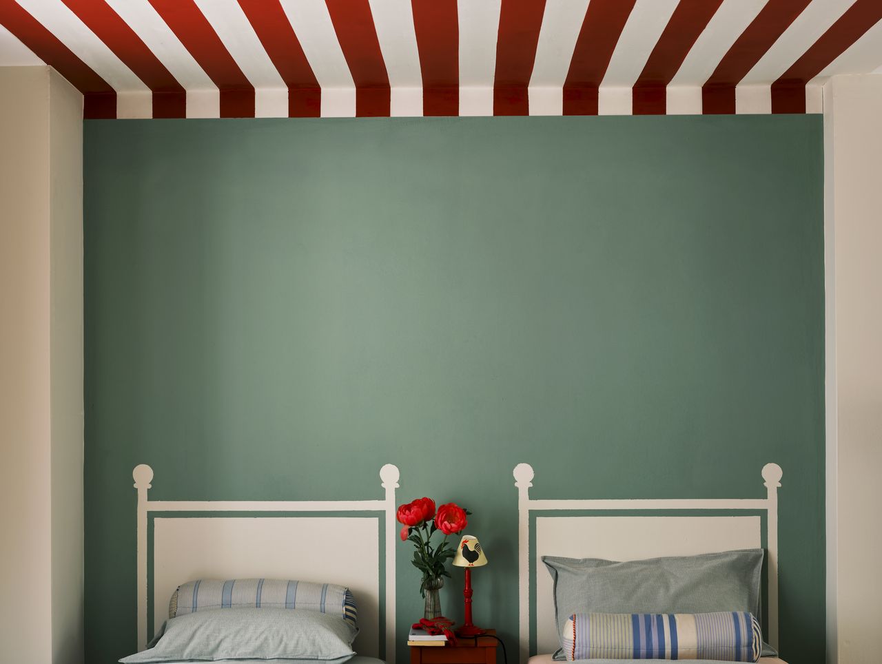 how to paint a ceiling Farrow &amp; Ball paint with red and white stripes on a ceiling above green walls