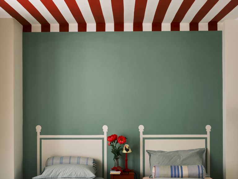 how to paint a ceiling Farrow & Ball paint with red and white stripes on a ceiling above green walls