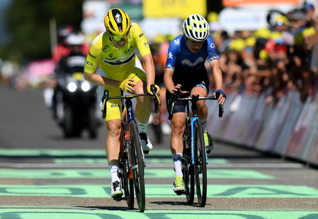 AMNEVILLE FRANCE AUGUST 15 LR Demi Vollering of The Netherlands and Team SD Worx Protime Yellow Lader Jersey and Mareille Meijering of The Netherlands and Movistar Team cross the finish line during the 3rd Tour de France Femmes 2024 Stage 5 a 1522km stage from Bastogne to Amneville UCIWWT on August 15 2024 in Amneville France Photo by Alex BroadwayGetty Images