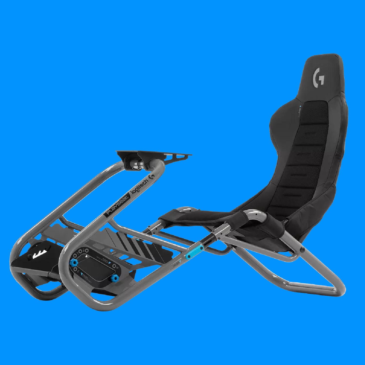 A Playseat Trophy Logitech G Edition sim racing cockpit on a blue background